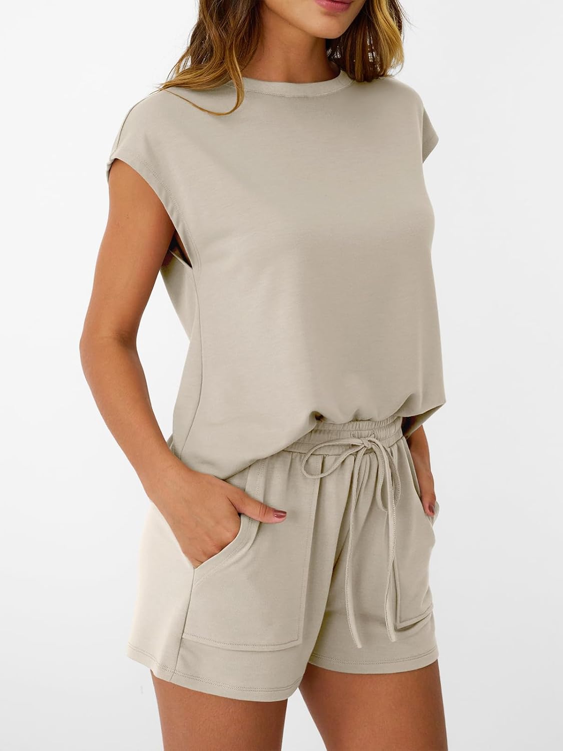 Womens Crew Neck Two Piece short Sets Cap Sleeve Drawstring Sweatsuit with Pocket