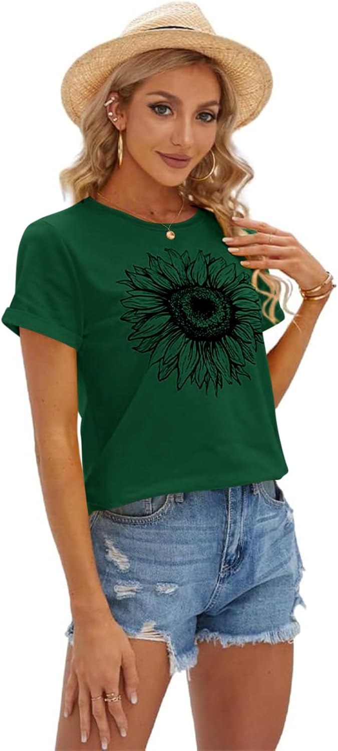 Women's T Shirts Short Sleeve Tees Sunflower Graphic Loose Summer Tops