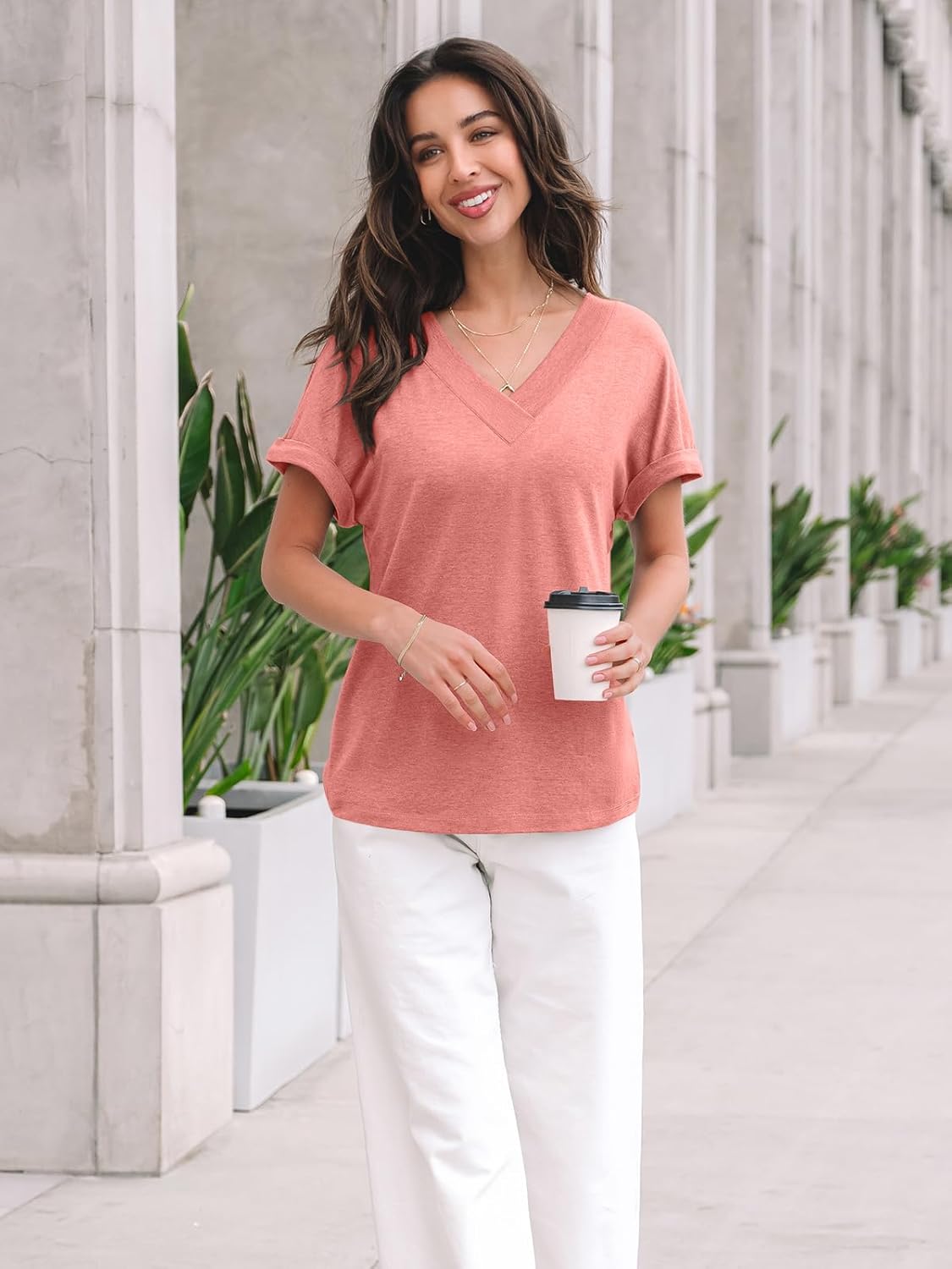 Womens Tops Short Sleeve T Shirt Summer V Neck Casual Top