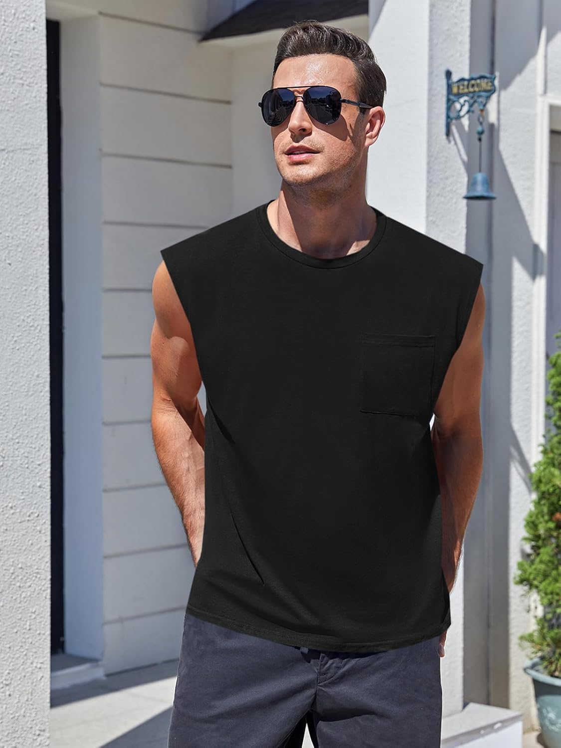 Mens Sleeveless Tank Tops Workout Cut Off Shirts Muscle Gym T Shirts with Pocket