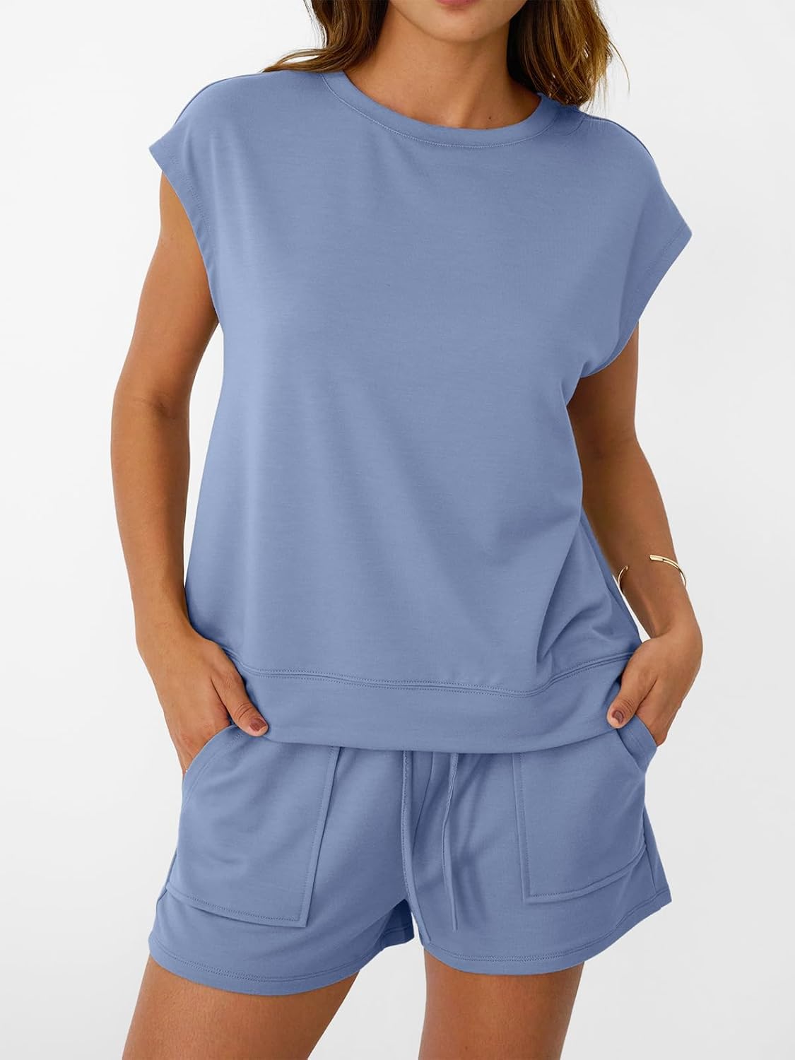 Womens Crew Neck Two Piece short Sets Cap Sleeve Drawstring Sweatsuit with Pocket