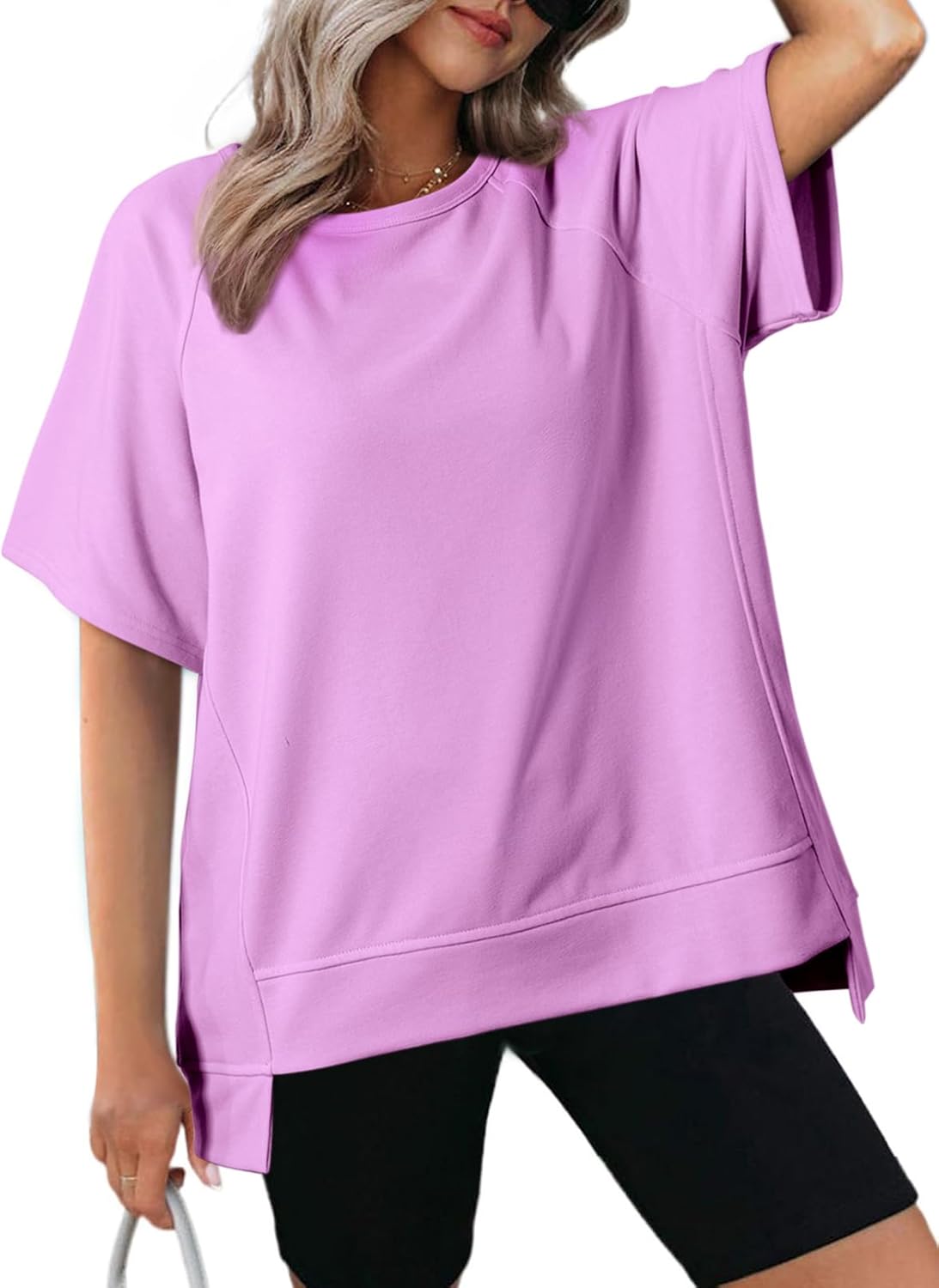 Crewneck Short Sleeve Casual Summer Tops Lightweight Loose High Low Blouse