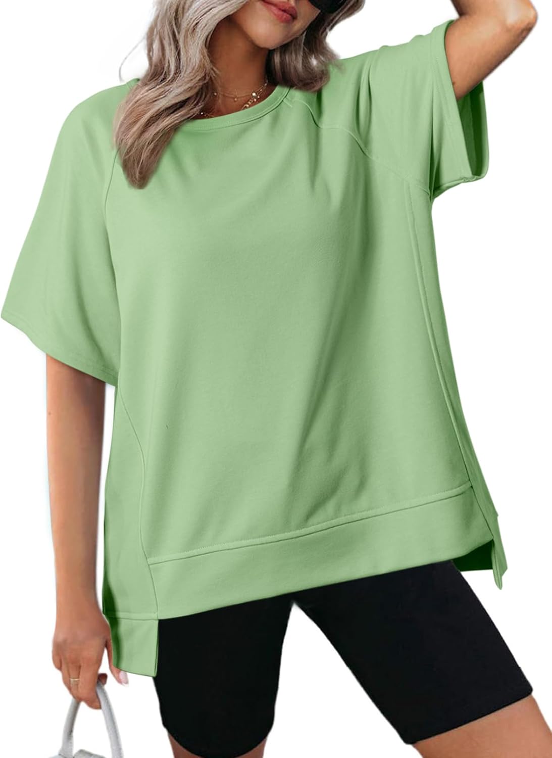 Crewneck Short Sleeve Casual Summer Tops Lightweight Loose High Low Blouse