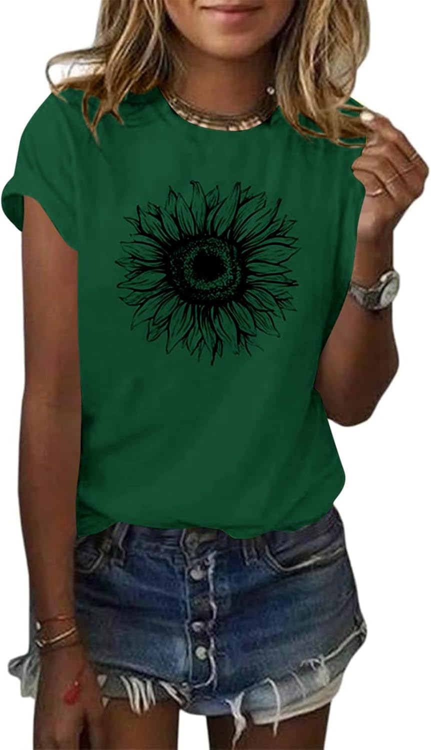 Women's T Shirts Short Sleeve Tees Sunflower Graphic Loose Summer Tops