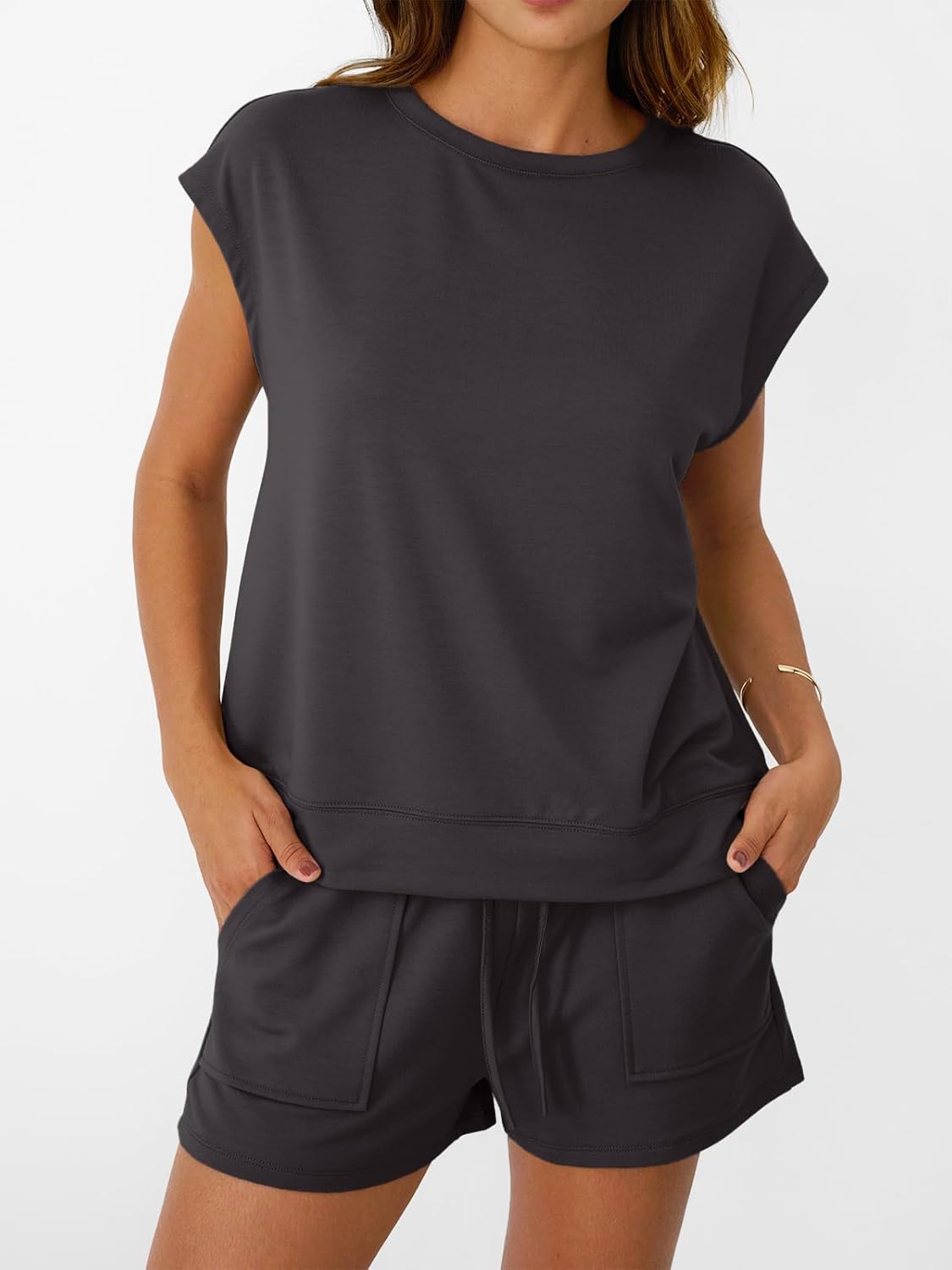 Womens Crew Neck Two Piece short Sets Cap Sleeve Drawstring Sweatsuit with Pocket