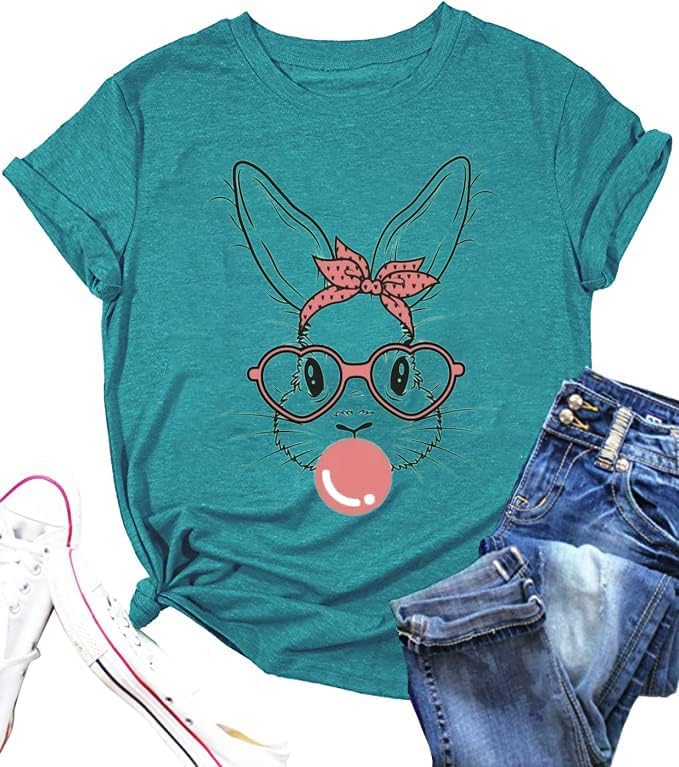 Funny Bunny Print T Shirt for Women Cute Grapic Leopard Shirts Family Blouse Gifts Easter Tops Tee