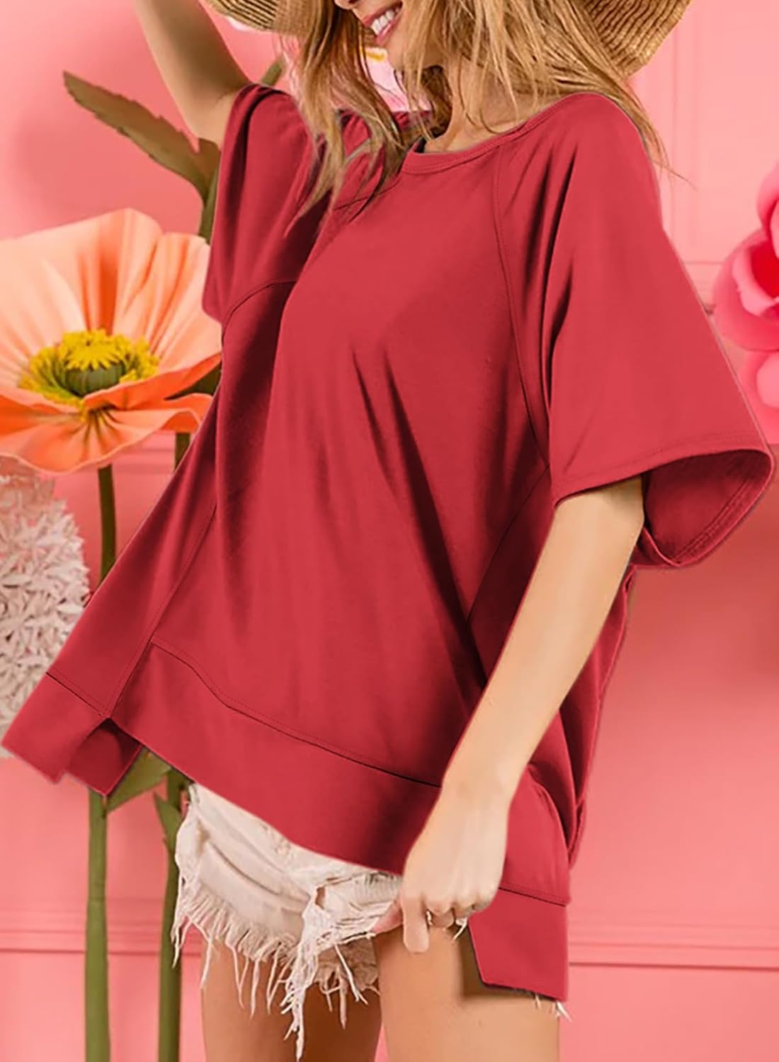 Crewneck Short Sleeve Casual Summer Tops Lightweight Loose High Low Blouse