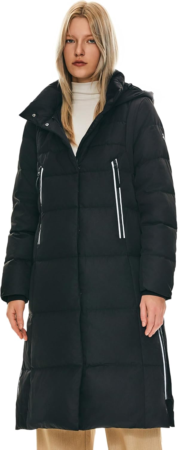 Womens Thickened Long Down Jacket Hooded Winter Puffer Coat with Side Zipper