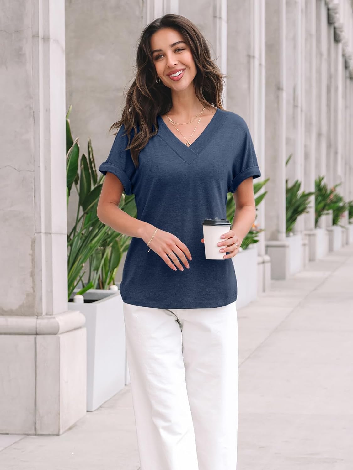 Womens Tops Short Sleeve T Shirt Summer V Neck Casual Top