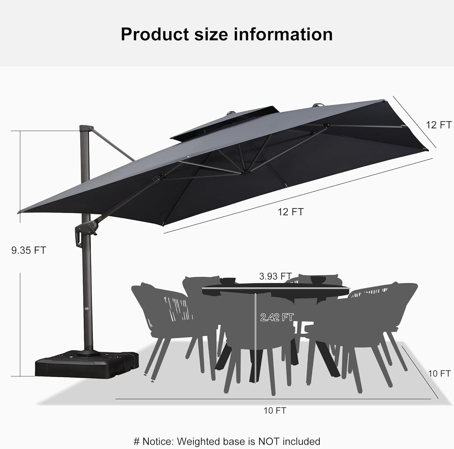 12ft Patio Umbrella with Base Large Outdoor Square Umbrella
