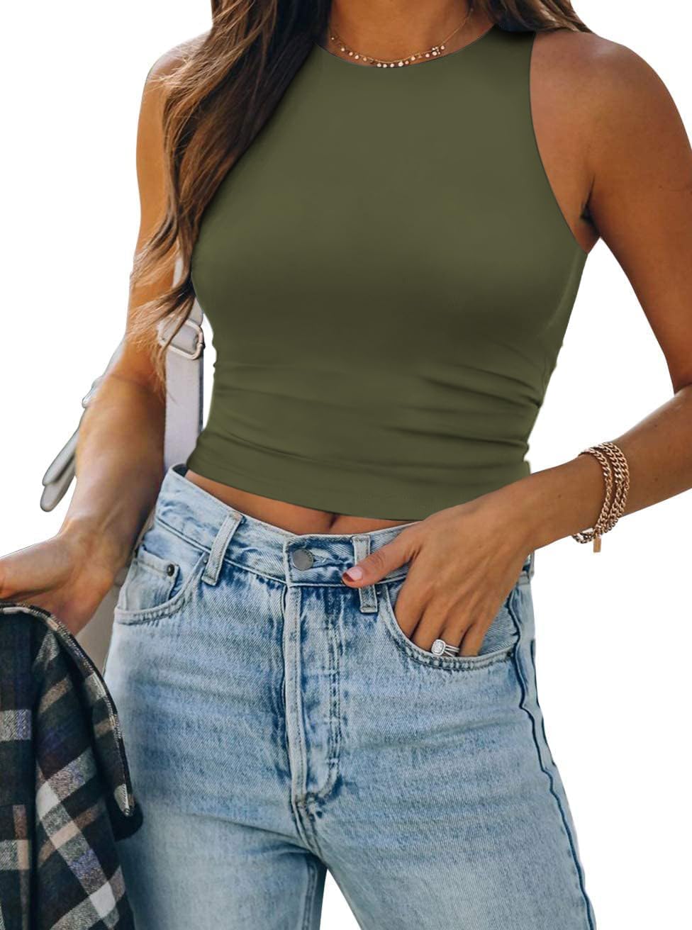 Womens Double Lined Crop Tank Tops Casual Basic Shirts Sleeveless Tops