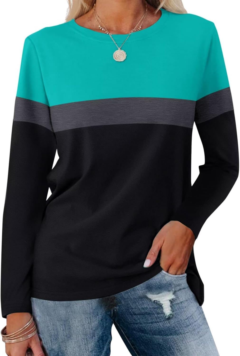 Women Long Sleeve Color Block Tunics Tops Round Neck Shirts Casual Blouses