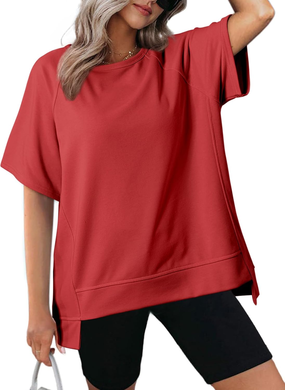 Crewneck Short Sleeve Casual Summer Tops Lightweight Loose High Low Blouse