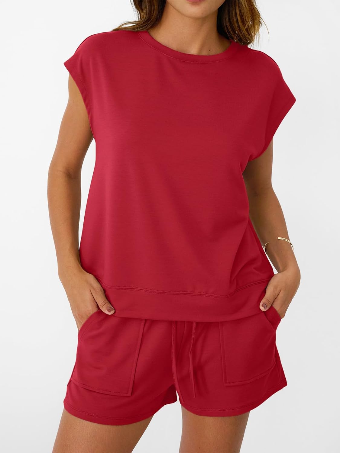 Womens Crew Neck Two Piece short Sets Cap Sleeve Drawstring Sweatsuit with Pocket