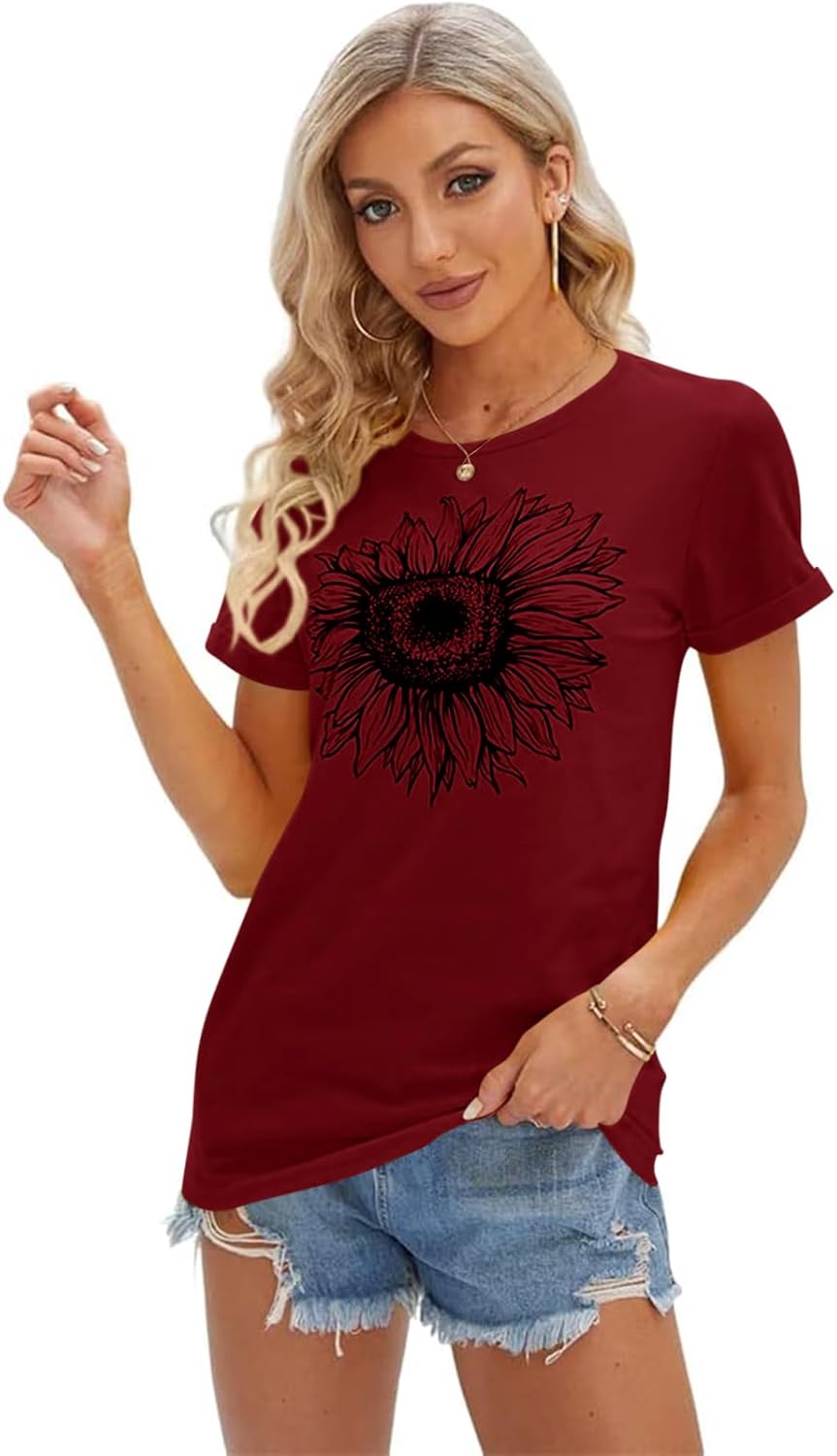Women's T Shirts Short Sleeve Tees Sunflower Graphic Loose Summer Tops