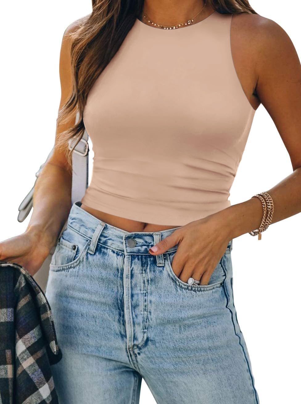 Womens Double Lined Crop Tank Tops Casual Basic Shirts Sleeveless Tops
