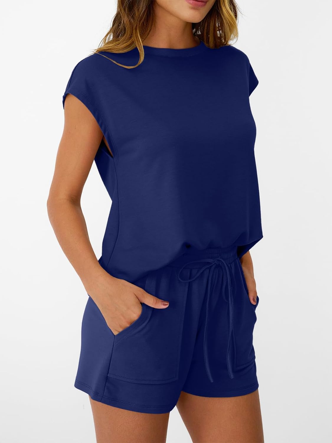 Womens Crew Neck Two Piece short Sets Cap Sleeve Drawstring Sweatsuit with Pocket