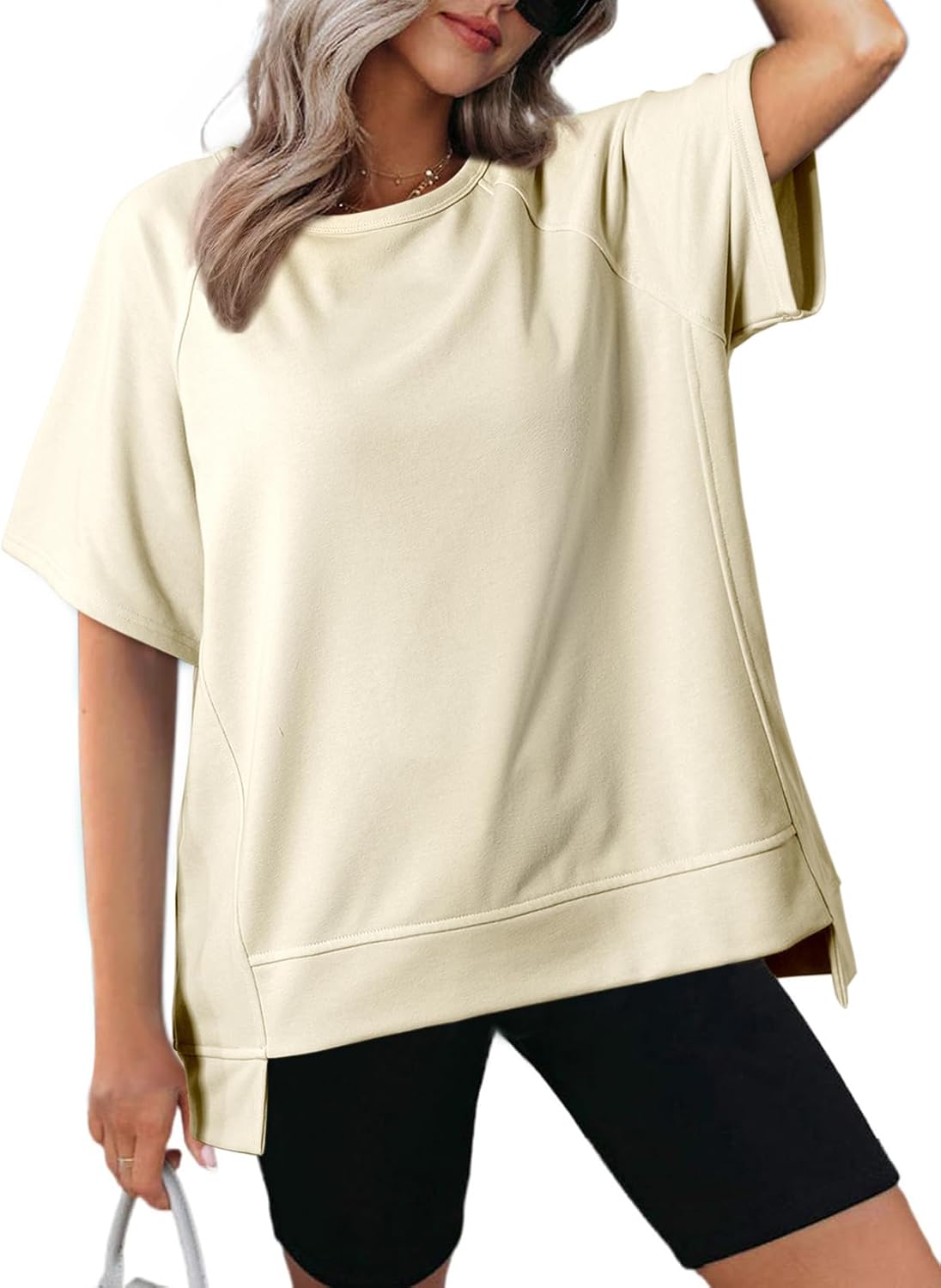 Crewneck Short Sleeve Casual Summer Tops Lightweight Loose High Low Blouse