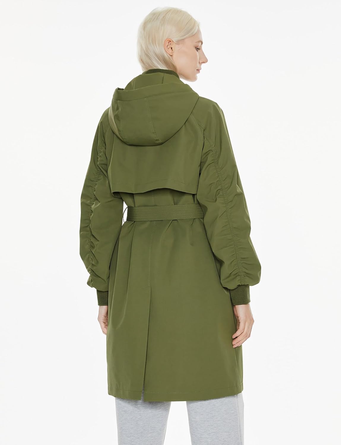 Womens Casual Hooded Raincoat Lightweight Long Zip Up Windbreaker Jacket with Belt