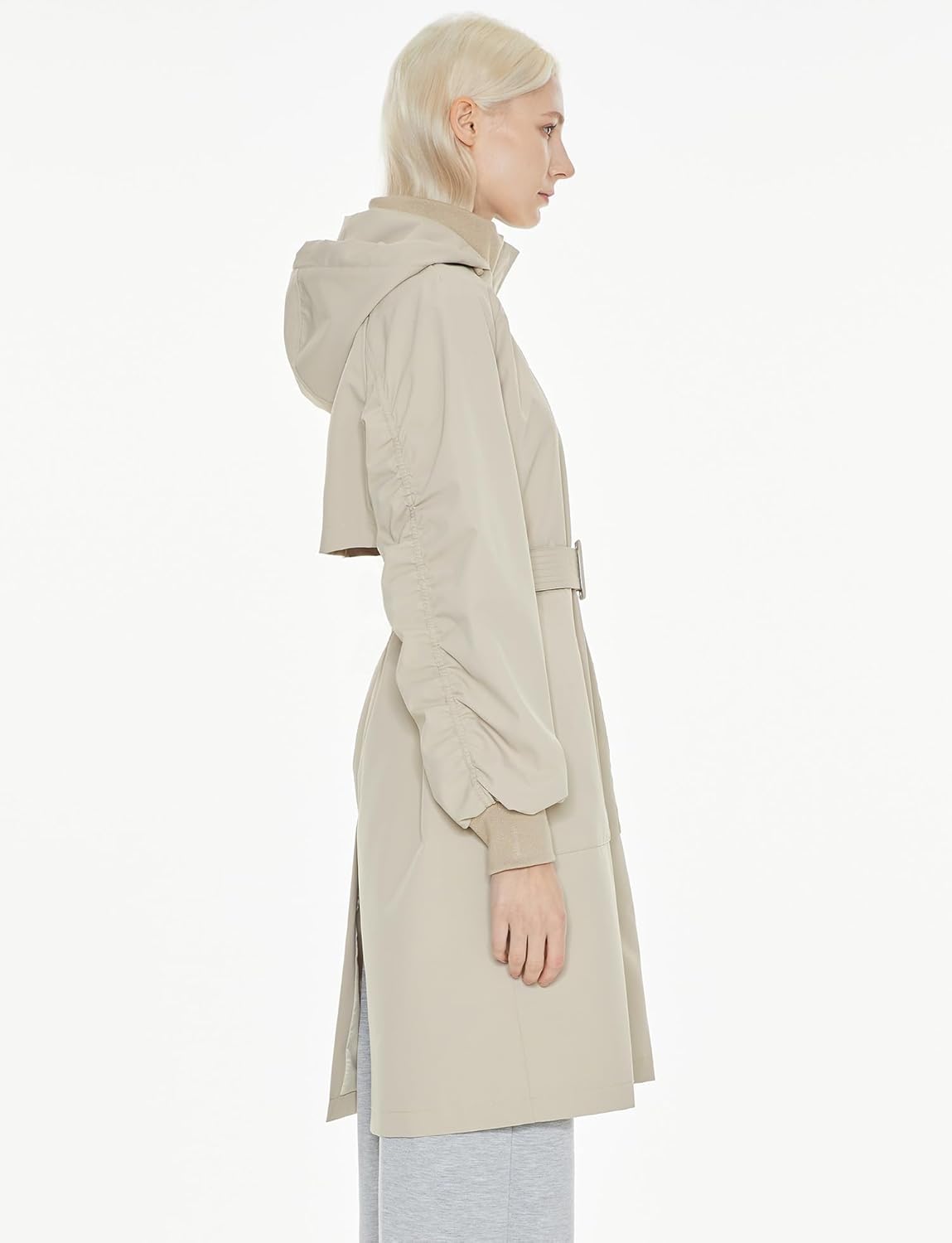 Womens Casual Hooded Raincoat Lightweight Long Zip Up Windbreaker Jacket with Belt
