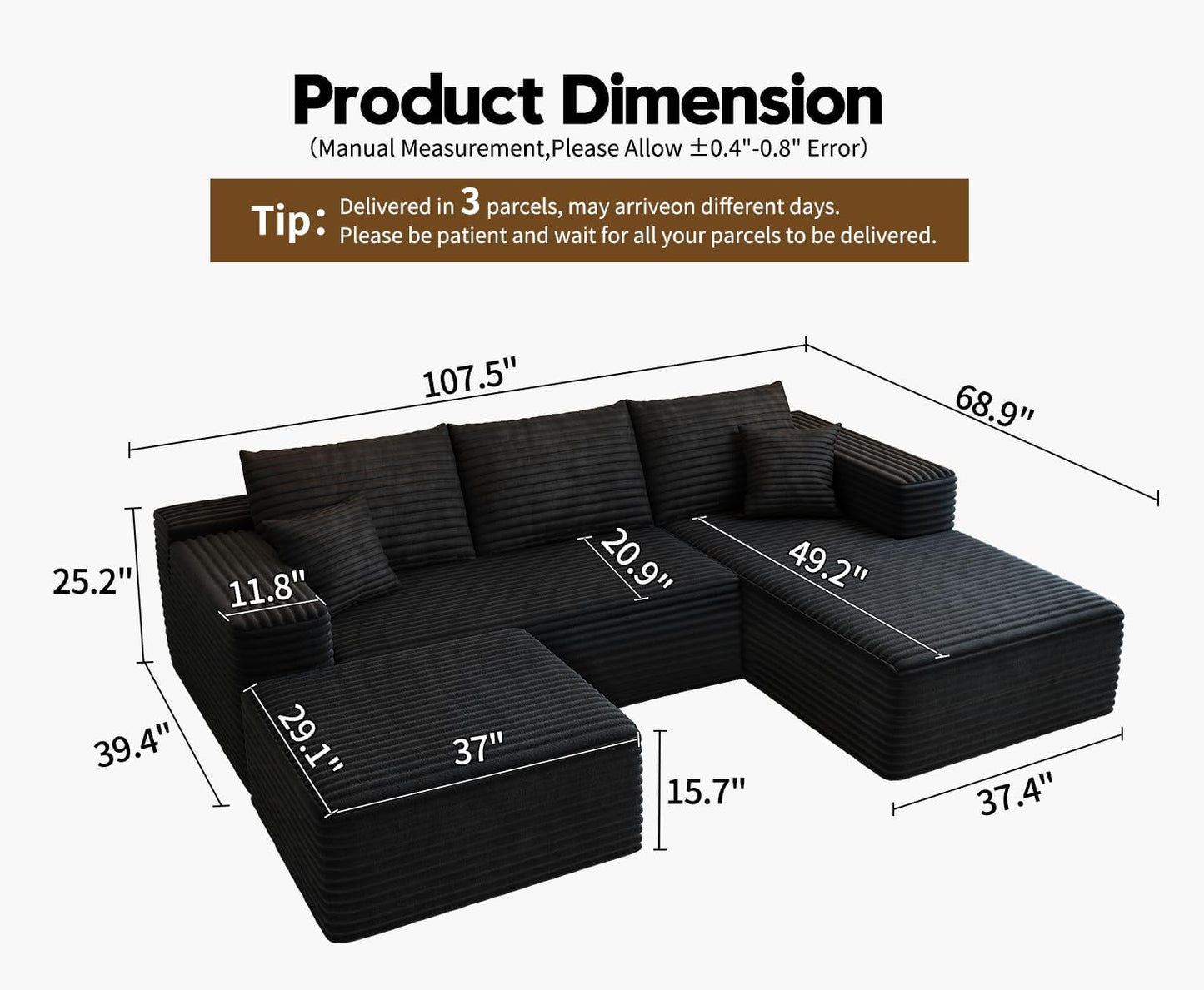 107.5" Cloud Modular Sectional Sofa with 1 Ottoman