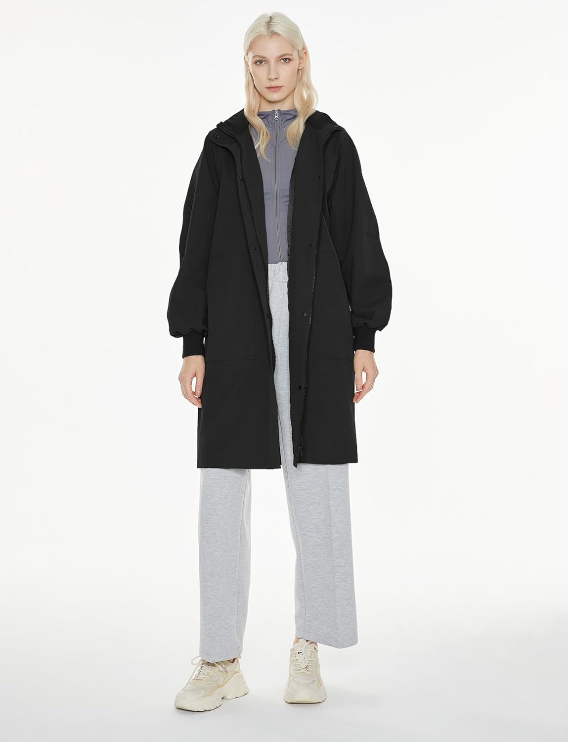 Womens Casual Hooded Raincoat Lightweight Long Zip Up Windbreaker Jacket with Belt