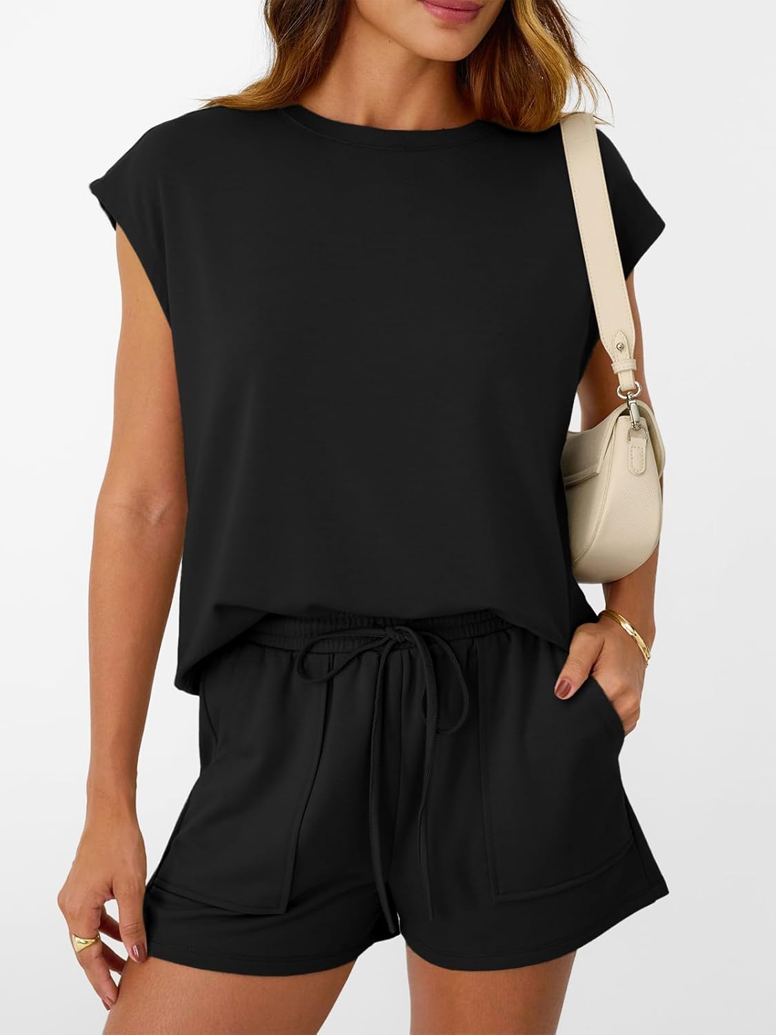 Womens Crew Neck Two Piece short Sets Cap Sleeve Drawstring Sweatsuit with Pocket