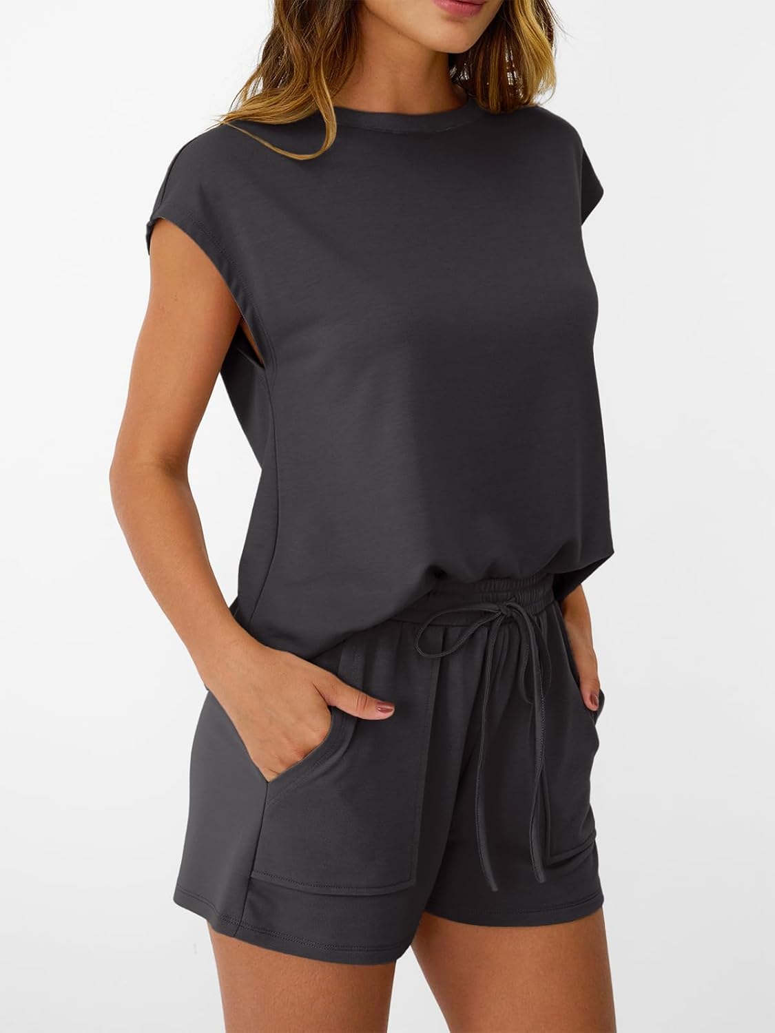 Womens Crew Neck Two Piece short Sets Cap Sleeve Drawstring Sweatsuit with Pocket