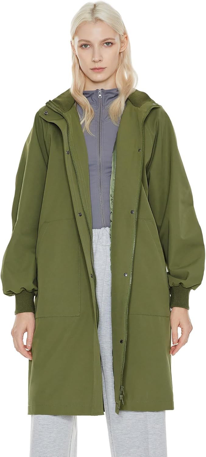 Womens Casual Hooded Raincoat Lightweight Long Zip Up Windbreaker Jacket with Belt