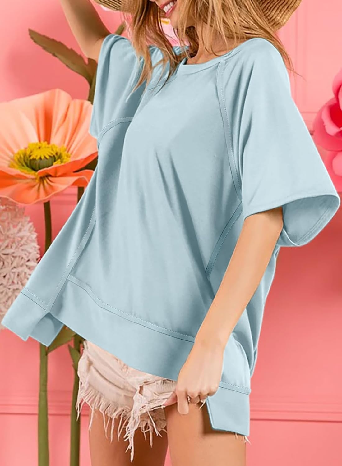 Crewneck Short Sleeve Casual Summer Tops Lightweight Loose High Low Blouse
