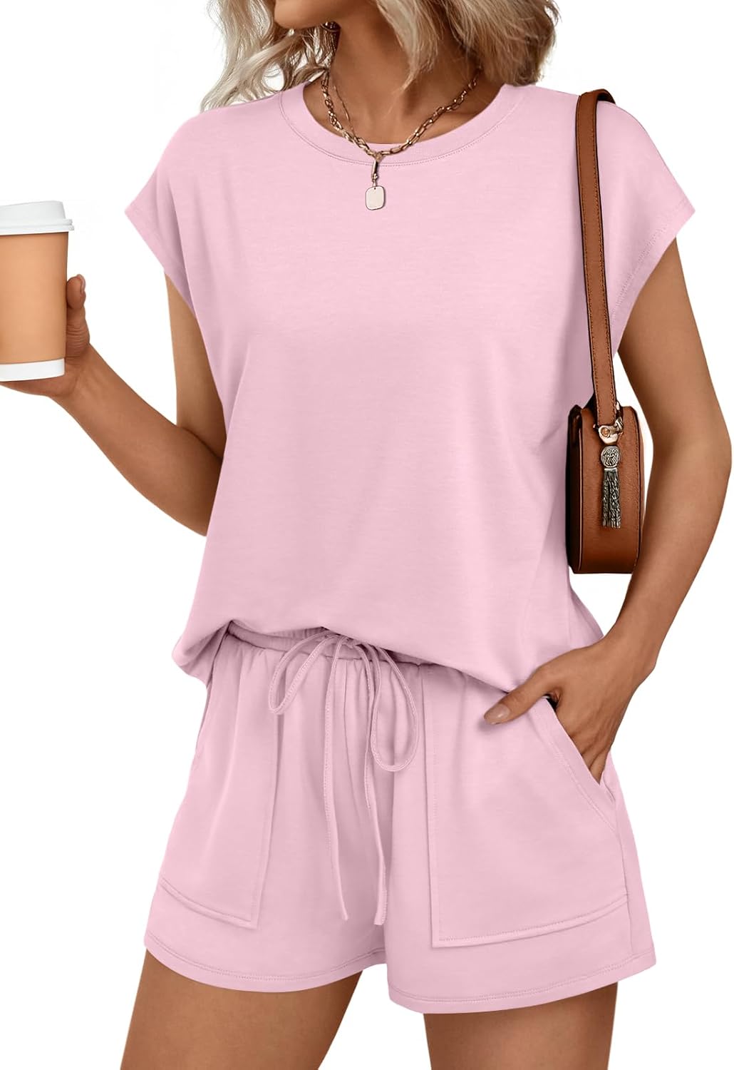 Womens Crew Neck Two Piece short Sets Cap Sleeve Drawstring Sweatsuit with Pocket