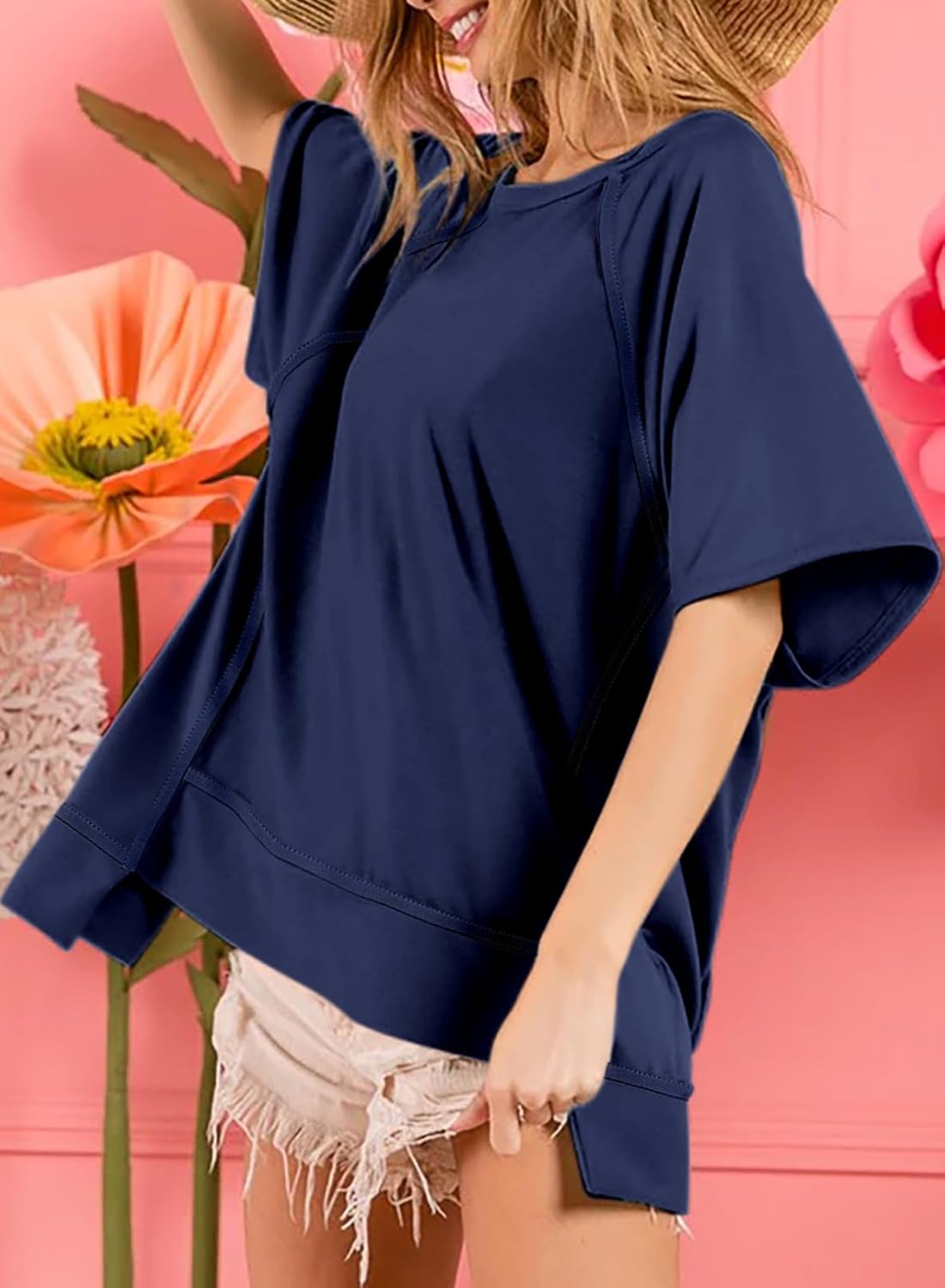 Crewneck Short Sleeve Casual Summer Tops Lightweight Loose High Low Blouse