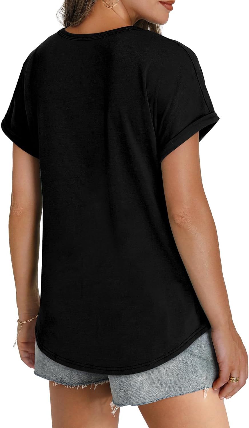 Womens T Shirts Crew Neck Rolled Short Sleeve Basic Summer Tees Curved Hem