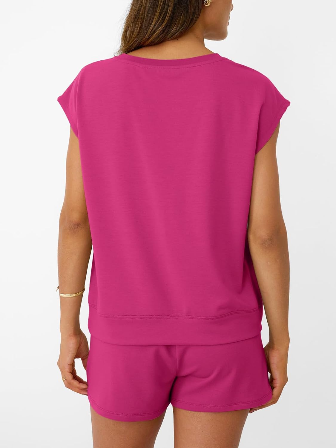 Womens Crew Neck Two Piece short Sets Cap Sleeve Drawstring Sweatsuit with Pocket
