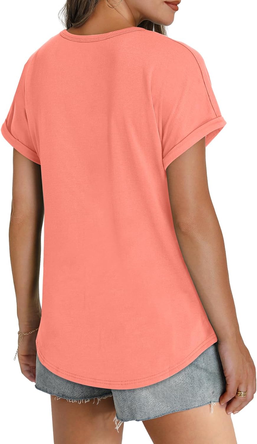Womens T Shirts Crew Neck Rolled Short Sleeve Basic Summer Tees Curved Hem