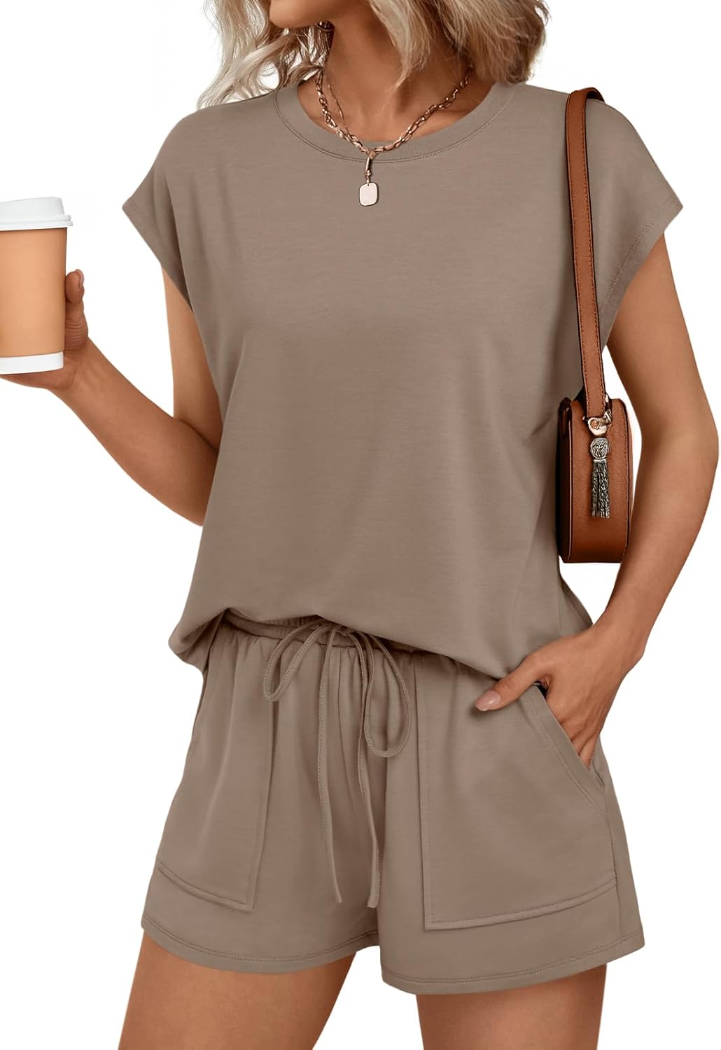 Womens Crew Neck Two Piece short Sets Cap Sleeve Drawstring Sweatsuit with Pocket