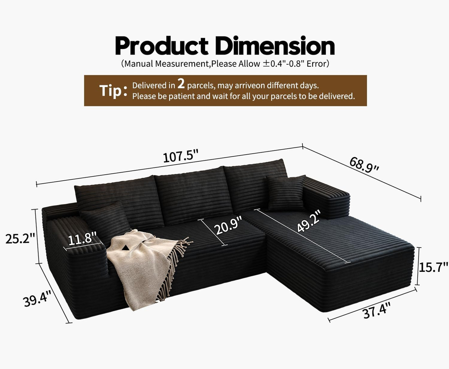 107.5" Cloud Modular Sectional Sofa with 1 Ottoman