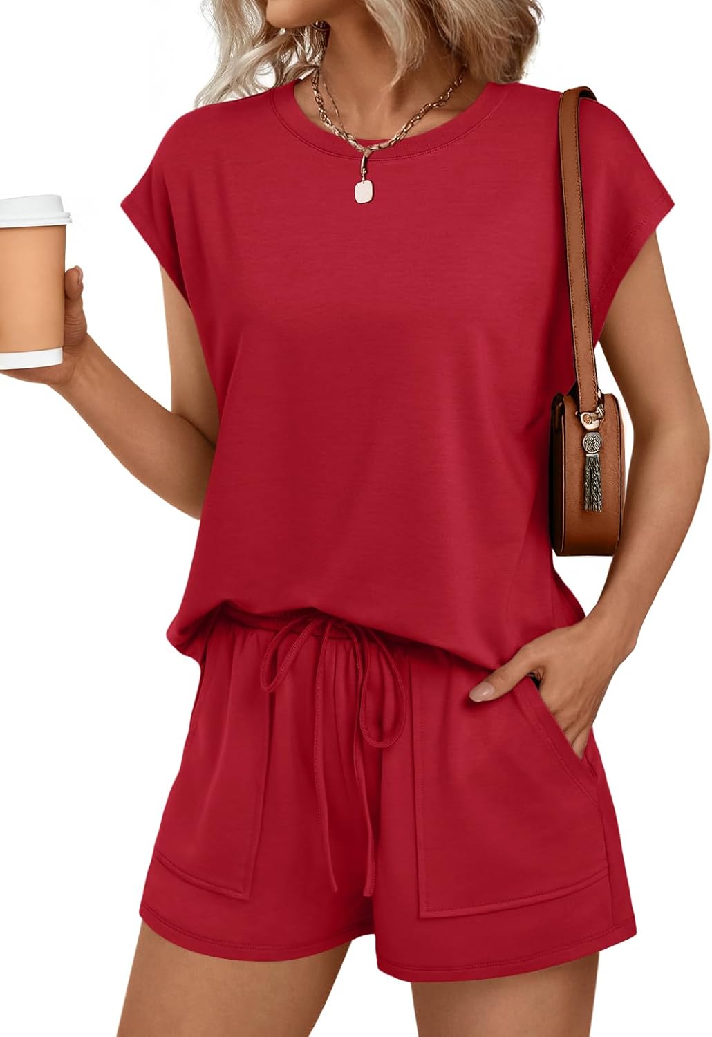Womens Crew Neck Two Piece short Sets Cap Sleeve Drawstring Sweatsuit with Pocket