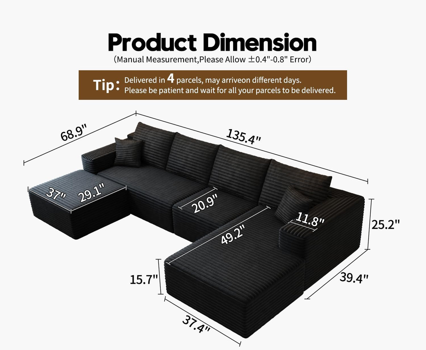 107.5" Cloud Modular Sectional Sofa with 1 Ottoman