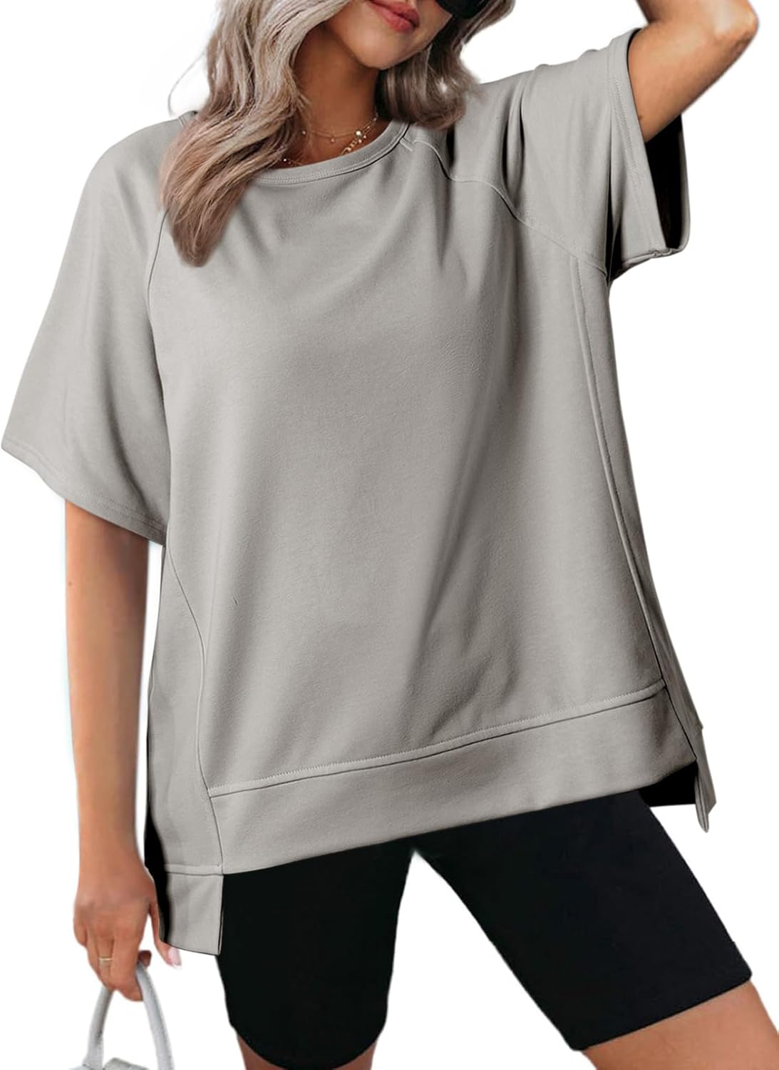 Crewneck Short Sleeve Casual Summer Tops Lightweight Loose High Low Blouse
