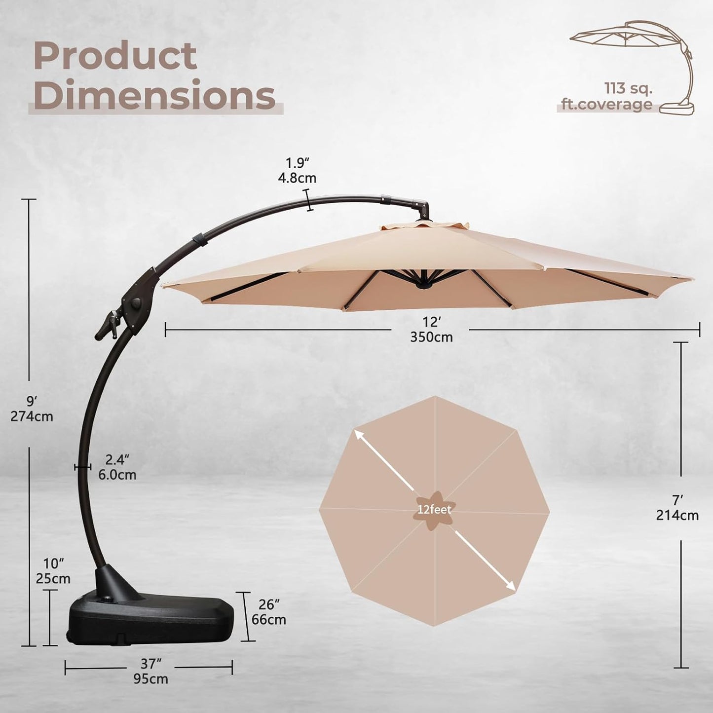 12FT Outdoor Offset Cantilever Umbrella with Base Champagne