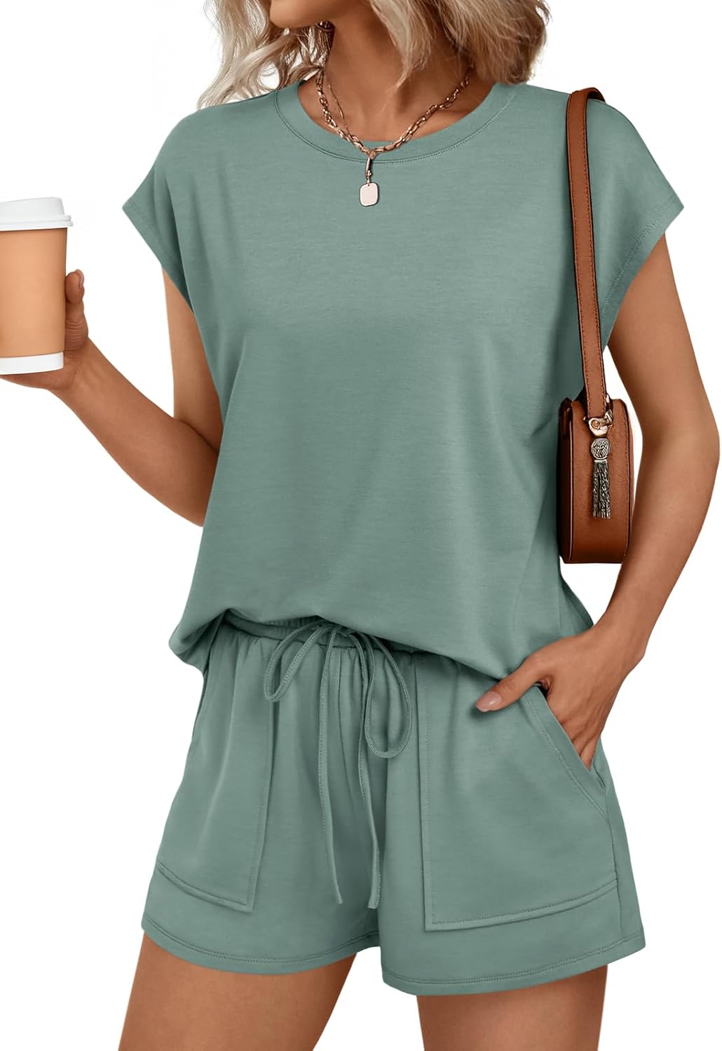 Womens Crew Neck Two Piece short Sets Cap Sleeve Drawstring Sweatsuit with Pocket