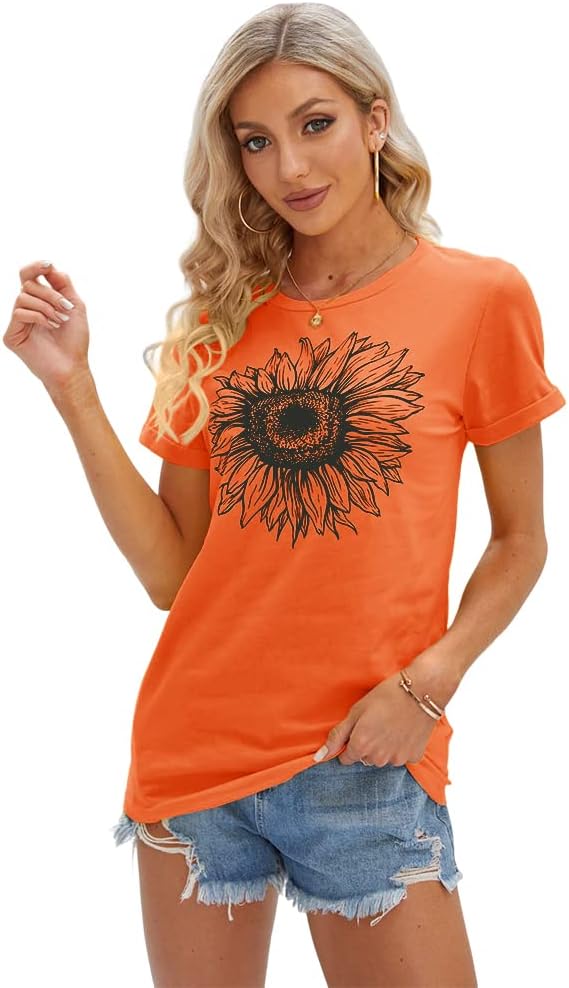 Women's T Shirts Short Sleeve Tees Sunflower Graphic Loose Summer Tops