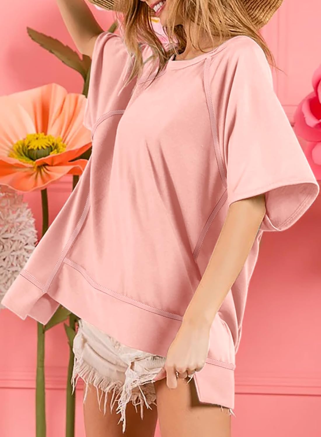 Crewneck Short Sleeve Casual Summer Tops Lightweight Loose High Low Blouse
