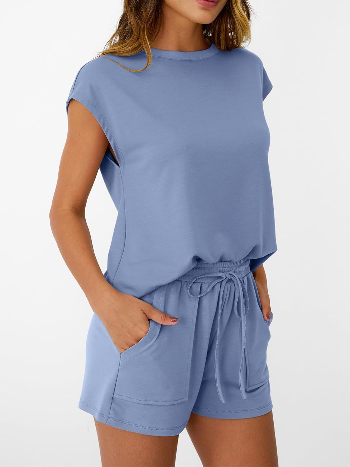 Womens Crew Neck Two Piece short Sets Cap Sleeve Drawstring Sweatsuit with Pocket