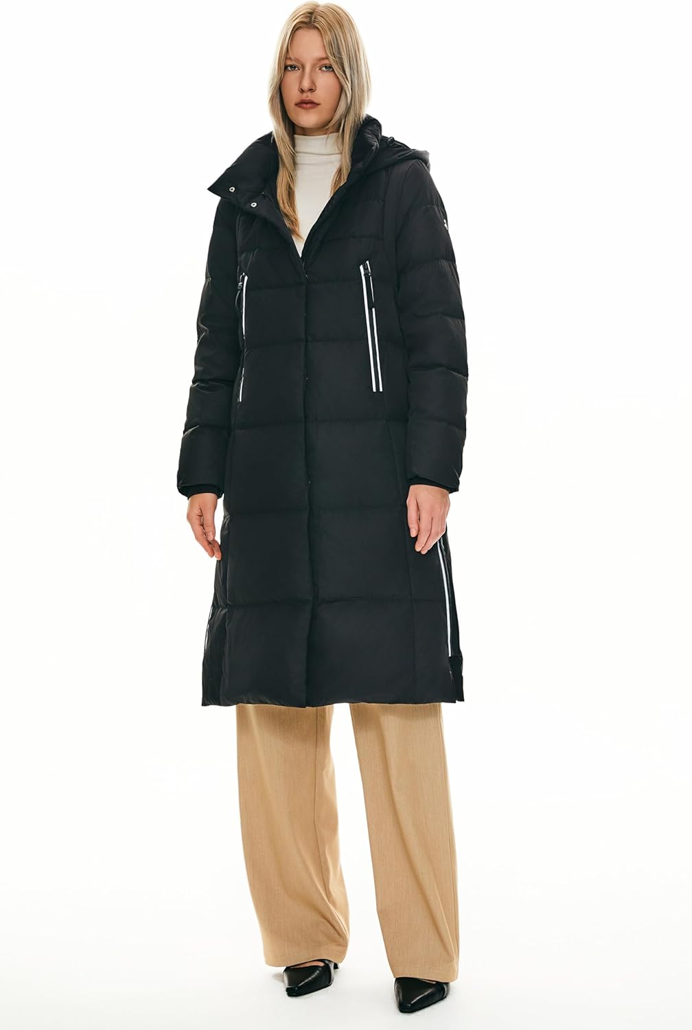 Womens Thickened Long Down Jacket Hooded Winter Puffer Coat with Side Zipper