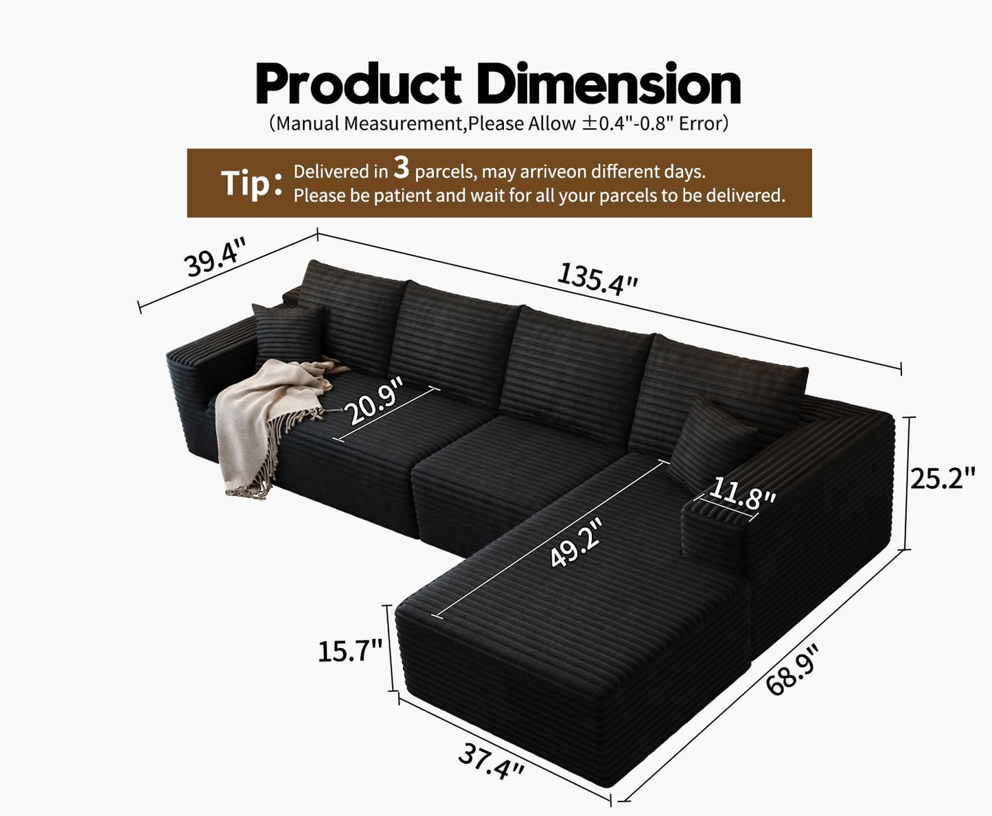 107.5" Cloud Modular Sectional Sofa with 1 Ottoman