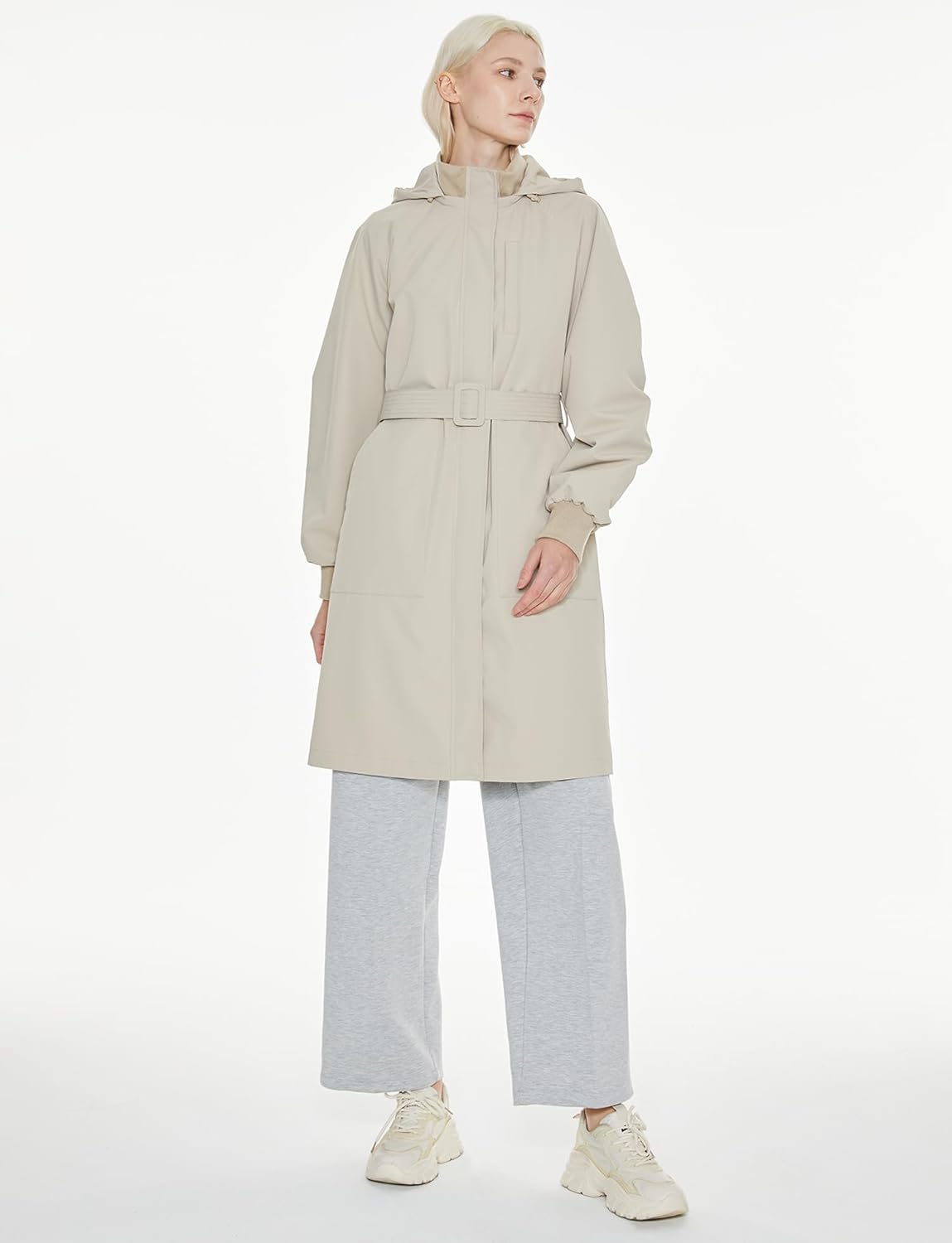 Womens Casual Hooded Raincoat Lightweight Long Zip Up Windbreaker Jacket with Belt