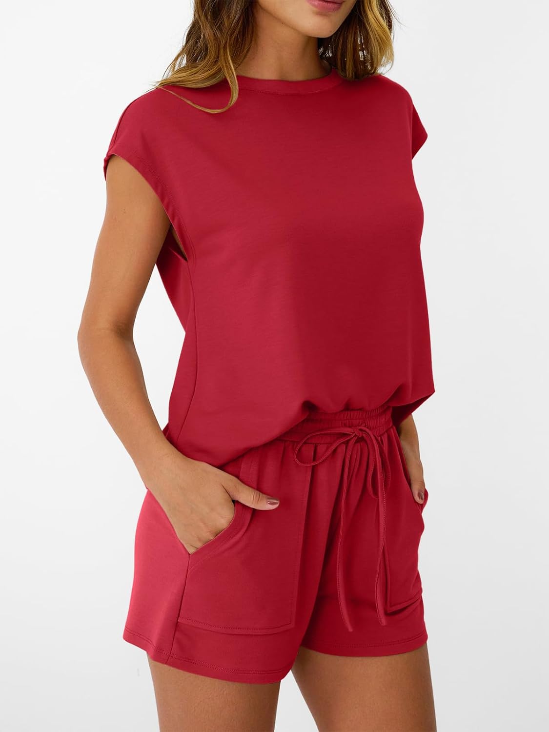 Womens Crew Neck Two Piece short Sets Cap Sleeve Drawstring Sweatsuit with Pocket