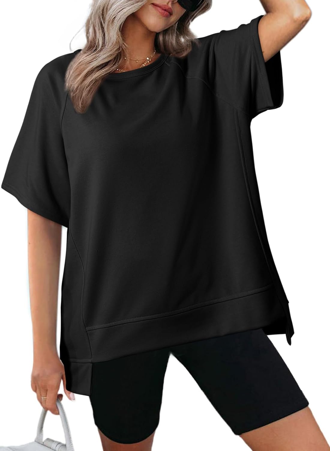 Crewneck Short Sleeve Casual Summer Tops Lightweight Loose High Low Blouse